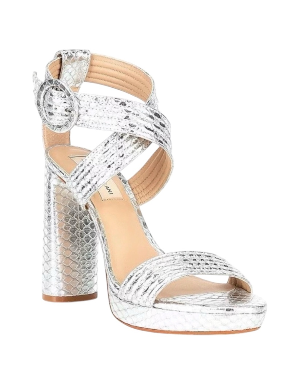 Antonio Melani Metallic Snake Print Buckle Detail Platform Dress Sandals